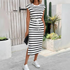 Damen Midi-Kleid mit asymmetrischem Saum und stylischem Streifenmuster R&B