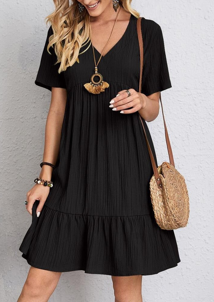 Damen nan Crinkle-Sommerkleid mit V-Ausschnitt, Empirenaht und Volant-Saum R&B