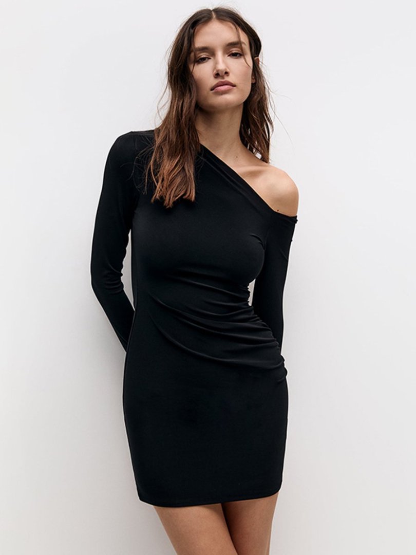Damen Off-Shoulder Minikleid mit figurformendem Design und eleganter Raffung R&B