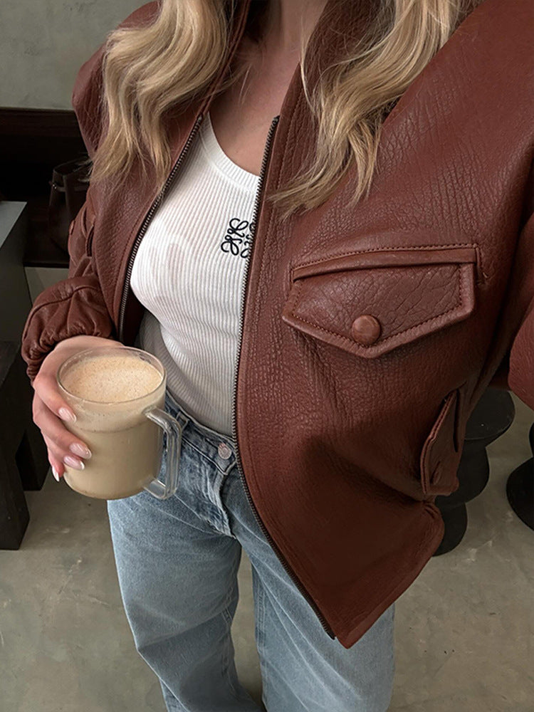 Damen Modische Kunstlederjacke mit einzigartigen Taschen und elastischen Rippabschlüssen R&B