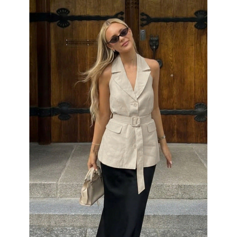 Damen ärmellose Blazer mit Bindegürtel und hoher Taillierung R&B
