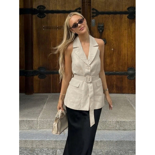Damen ärmellose Blazer mit Bindegürtel und hoher Taillierung R&B