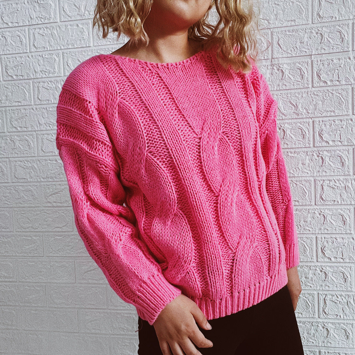 Damen Grobstrickpullover mit auffälligem Zopfmuster und weitem Schnitt R&B
