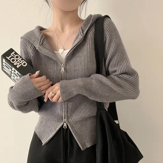 Damen lässige Strickjacke mit Kapuze und Reißverschluss R&B