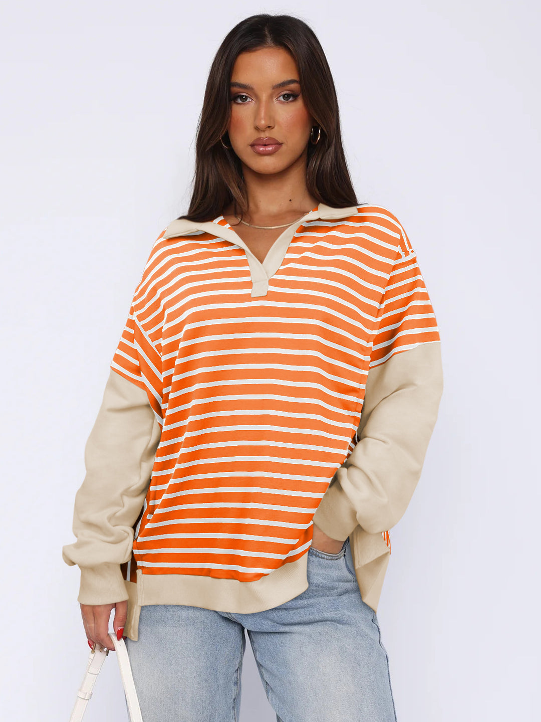 Damen Modischer Pullover mit gestreiftem Design und Kontrastdetails R&B
