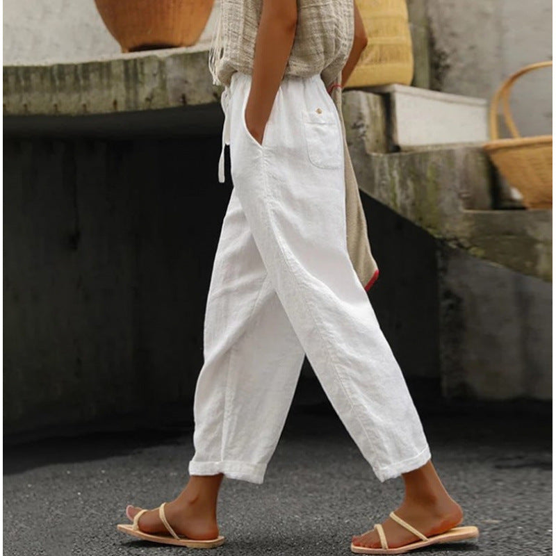 Damen lässige Leinenhose mit elastischem Bund und seitlichen Taschen R&B
