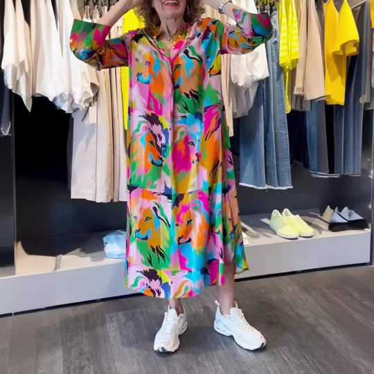 Damen nan Hemdblusen-Maxikleid mit Pop‑Art-Löwenprint, Knopfleiste und Eingrifftaschen R&B