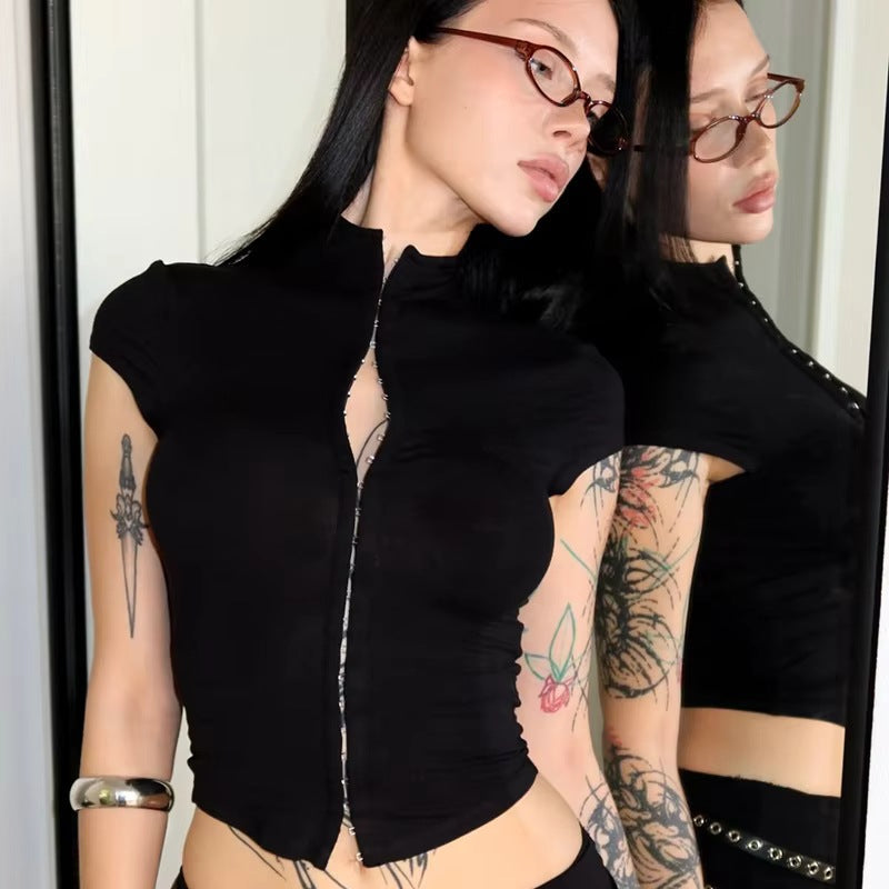 Damen sportliches Kurzarm-T-Shirt mit hoher Kragenführung R&B