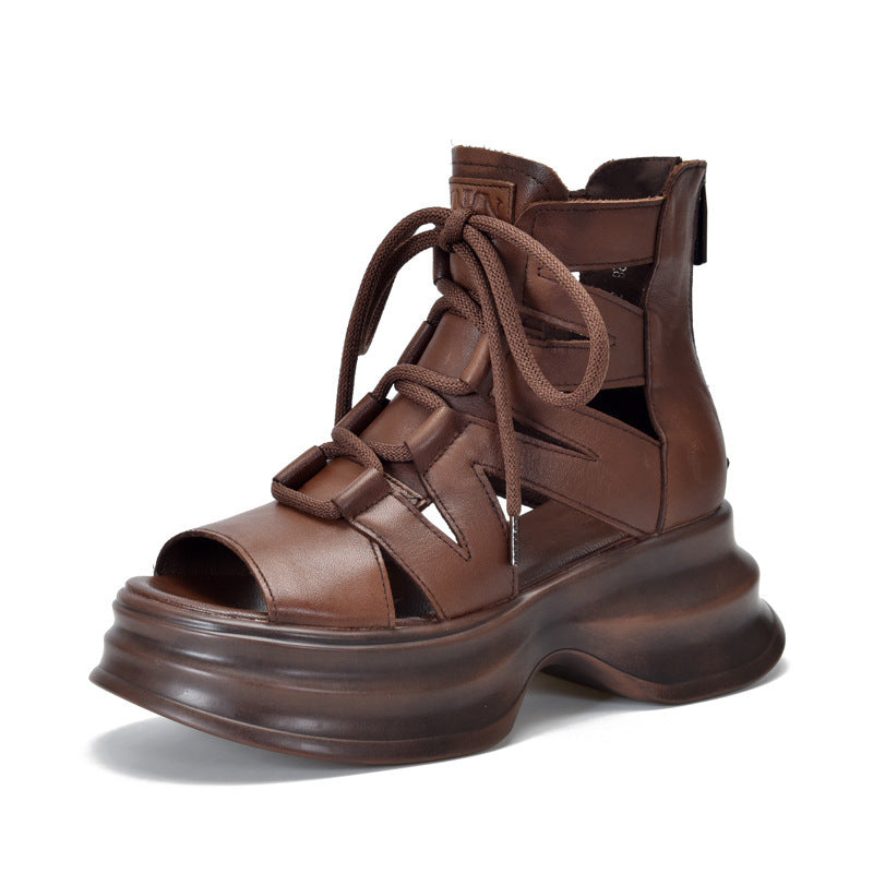 Damen modische Plateau-Sandalen mit durchlässigem Leder und innovativem Schnürsystem R&B