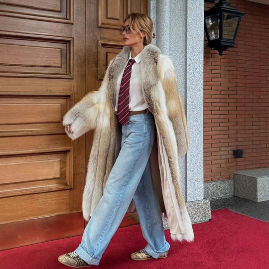Damen eleganter Langhaarmantel aus Kunstfell R&B