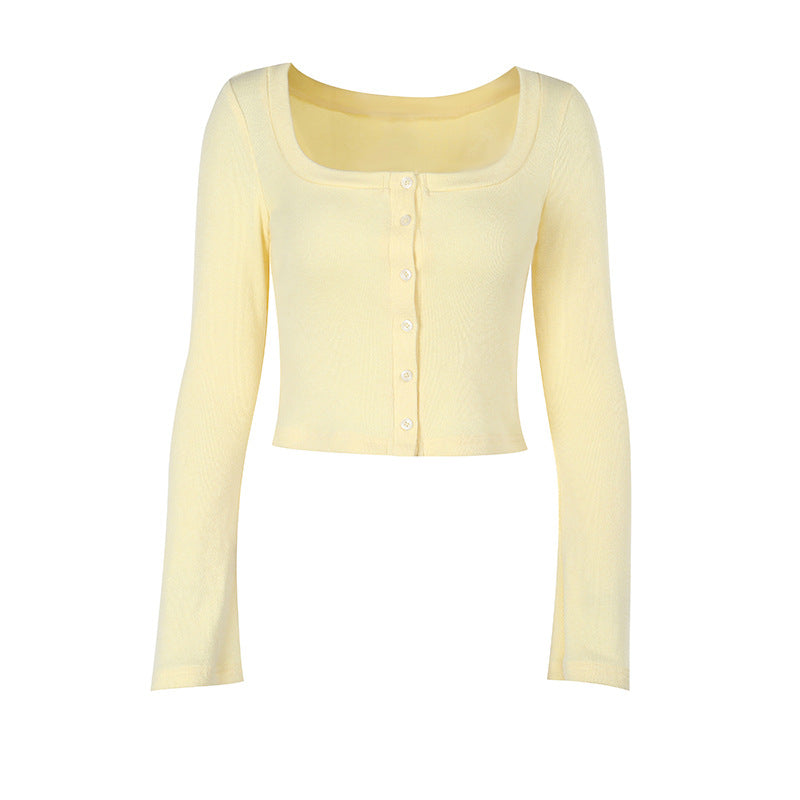 Damen Cropped Langarmshirt mit Knopfleiste und weitem Ausschnitt R&B