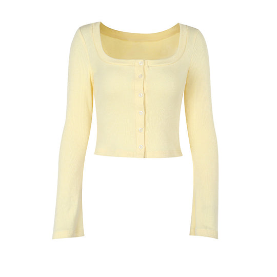 Damen Cropped Langarmshirt mit Knopfleiste und weitem Ausschnitt R&B