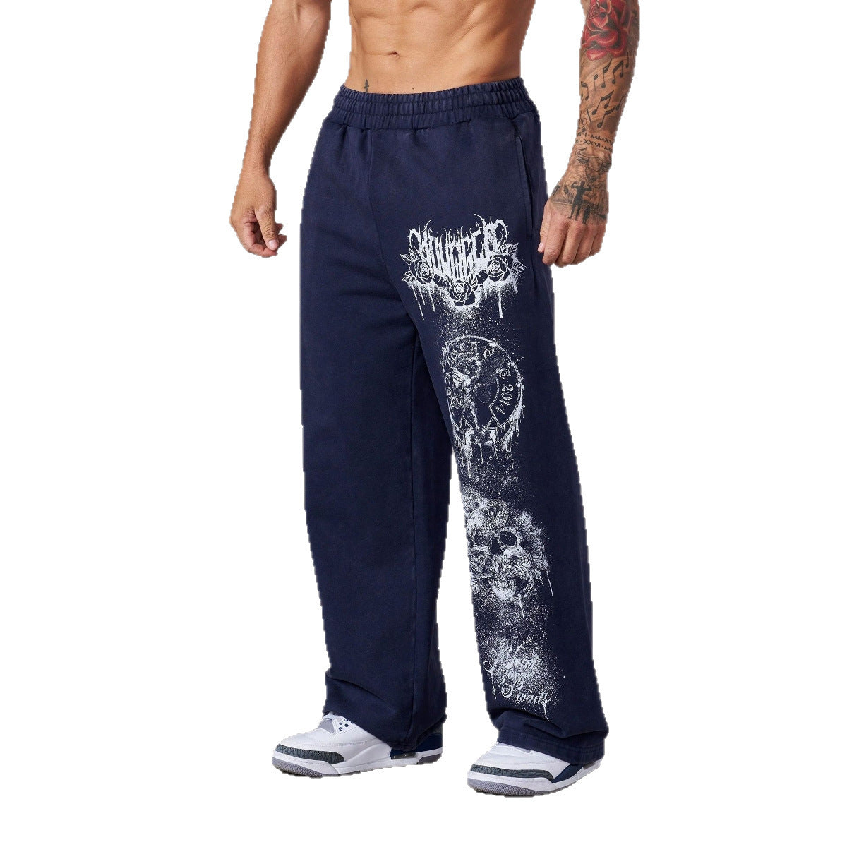 Herren nan weite Jogginghose mit elastischem Bund, Seitentaschen und detailreichem Schädel- und Rosenmotiv R&B