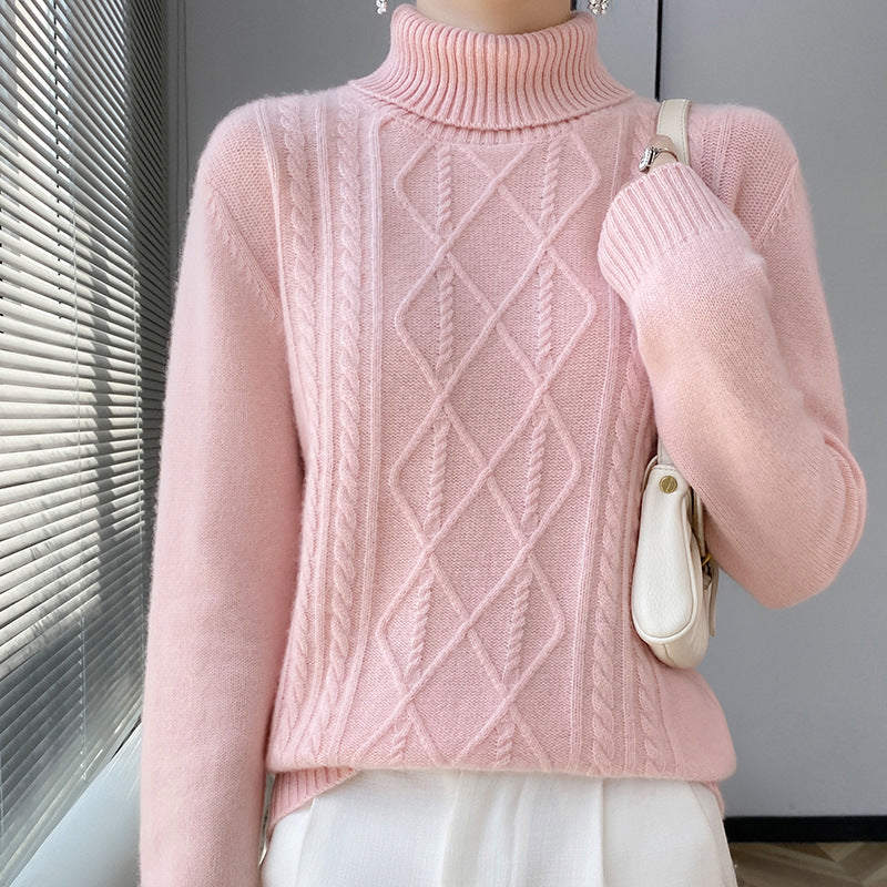 Damen Strickpullover mit hoch geschlossenem Kragen und Zopfmuster R&B