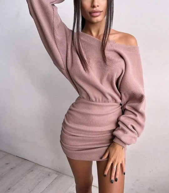 Damen lässiges Mini-Kleid mit asymmetrischem Ausschnitt und Raffung R&B