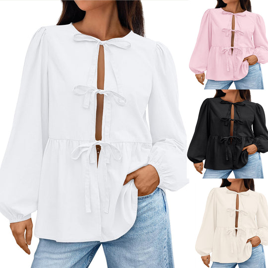 Damen Bluse mit Schleifen-Details und weitem Schnitt R&B