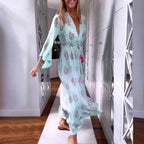 Damen nan luftig-fließendes Boho-Midikleid mit V-Ausschnitt, geraffter Smock-Taille, Kordelzug mit Quasten und asymmetrischem Volant-Saum R&B