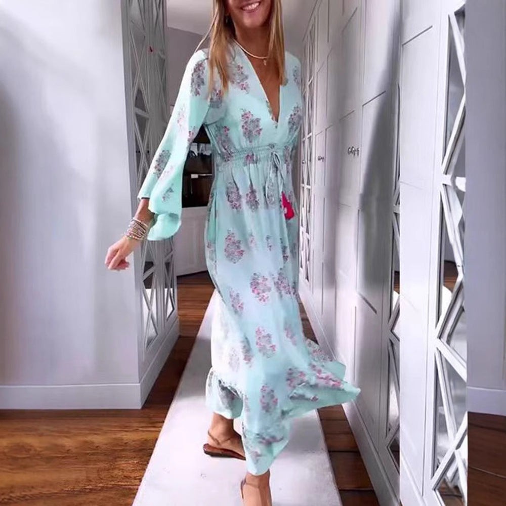 Damen nan luftig-fließendes Boho-Midikleid mit V-Ausschnitt, geraffter Smock-Taille, Kordelzug mit Quasten und asymmetrischem Volant-Saum R&B