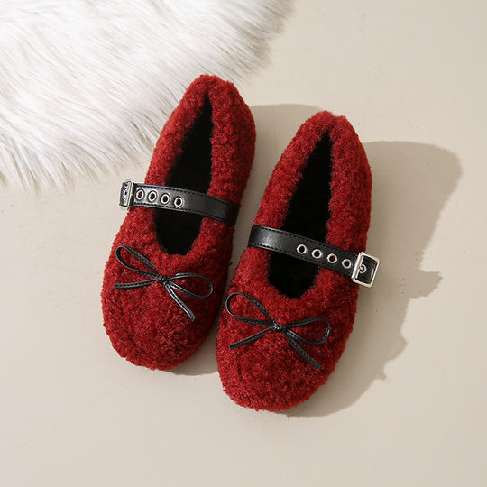 Damen Ballerinas aus kuscheligem Stoff mit verstellbarem Riemen und Schleifen-Applikation R&B