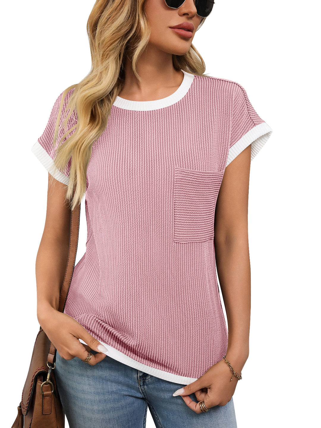 R&B | Gestricktes kontrastierendes T-Shirt mit Rundhalsausschnitt
