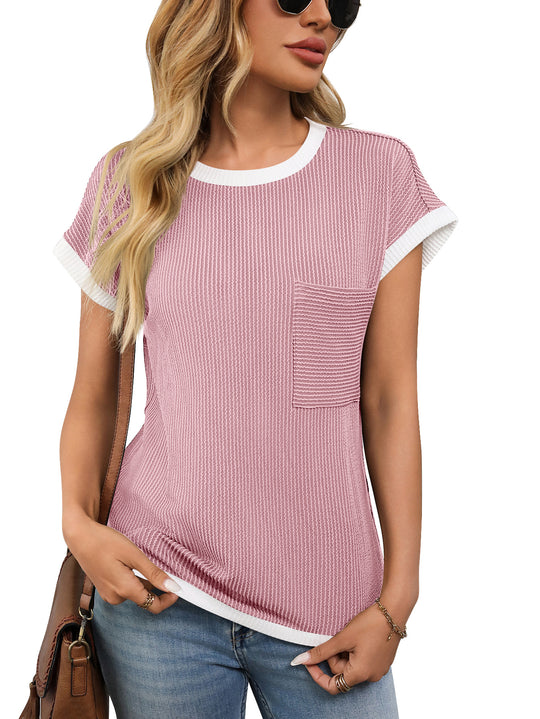 R&B | Gestricktes kontrastierendes T-Shirt mit Rundhalsausschnitt