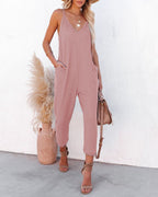 Damen lässiger Jumpsuit mit tiefem V-Ausschnitt und praktischen Seitentaschen R&B