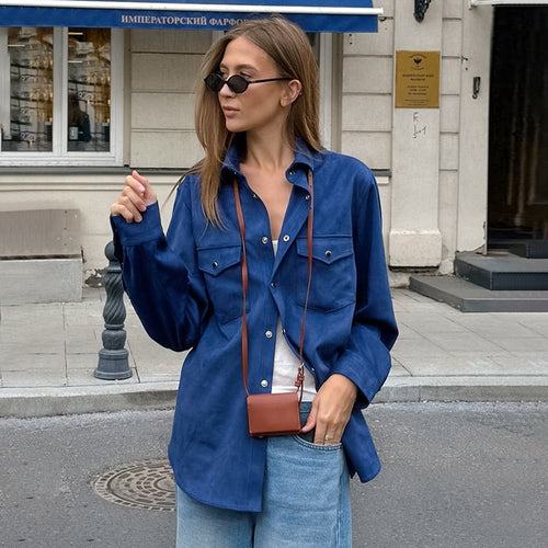 Damen Lässige Oversized-Hemdjacke mit Taschen und modischen Details R&B