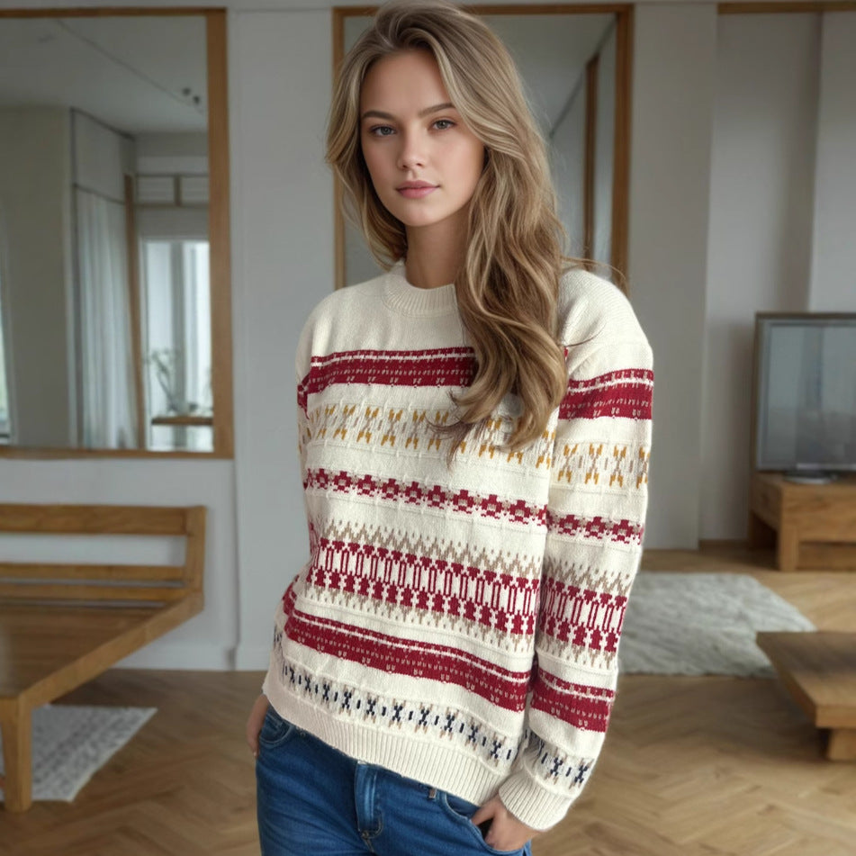 Damen Kuscheliger Strickpullover mit folkloristischem Muster und hohem Kragen R&B