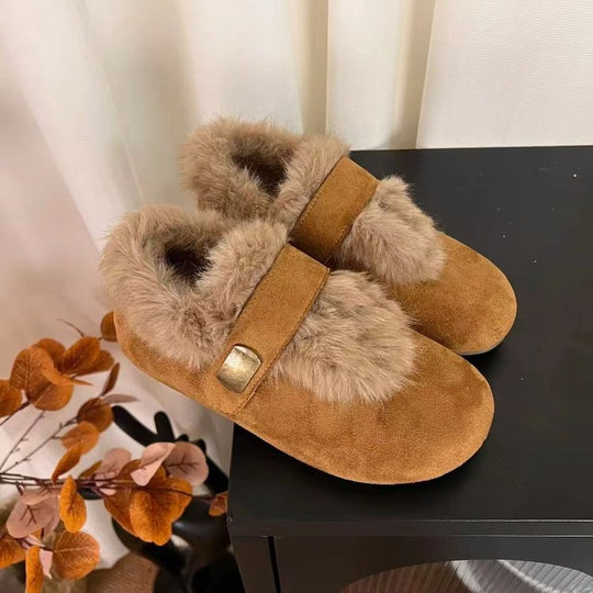 Damen Flauschige Filzhausschuhe mit hochwertigem Kunstfellkragen R&B