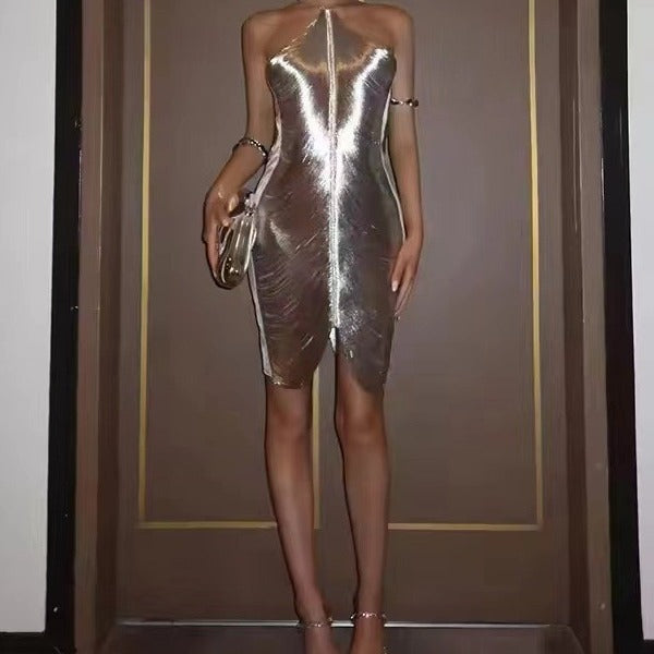 Damen Elegantes Partykleid mit verführerischem Schlitz und goldenen Akzenten R&B
