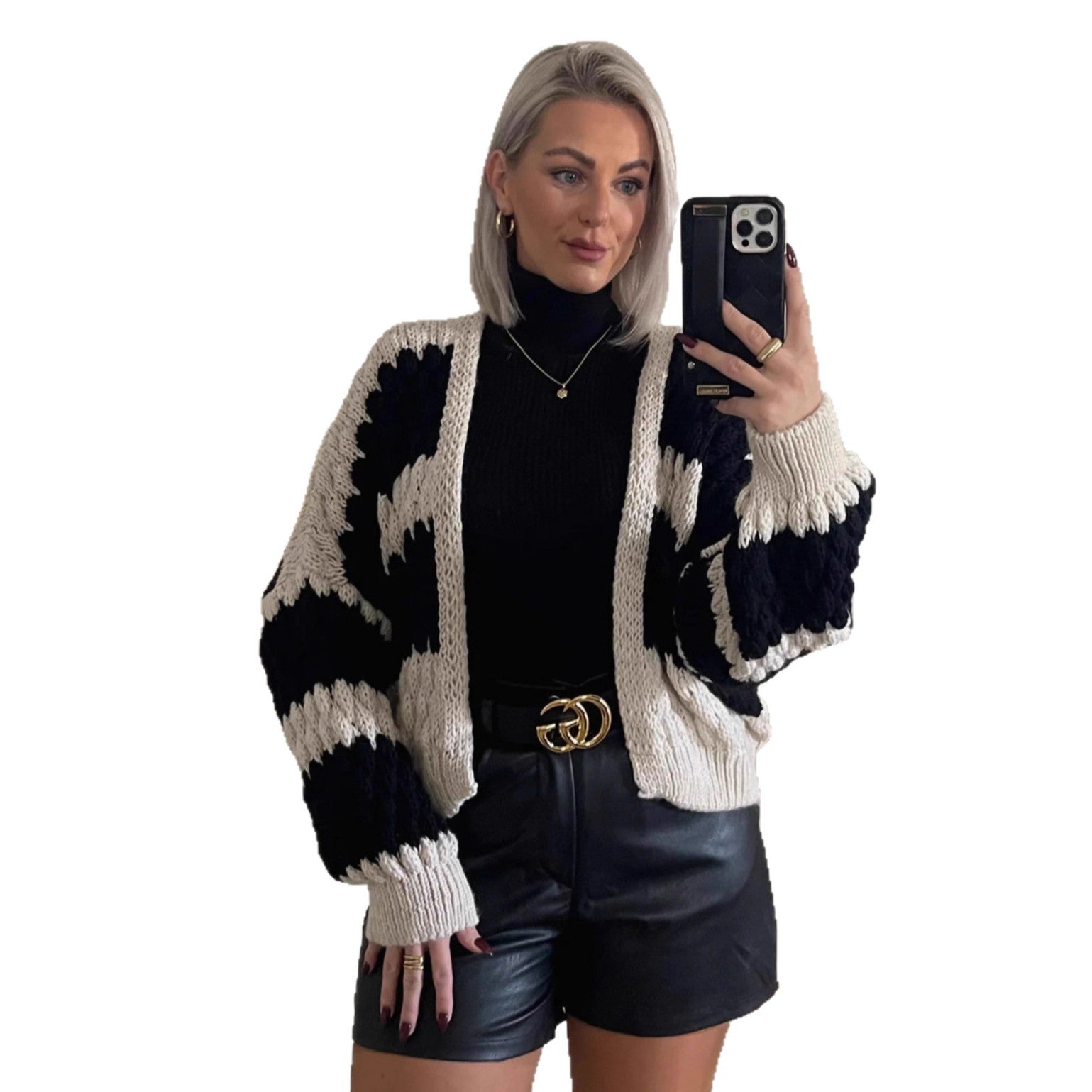 Damen Grobstrickjacke mit grafischem Muster und voluminösen Ärmeln R&B