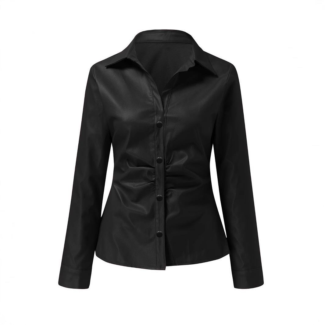 Damen Elegantes Kunstleder-Oberteil mit tiefem V-Ausschnitt und tailliertem Schnitt R&B