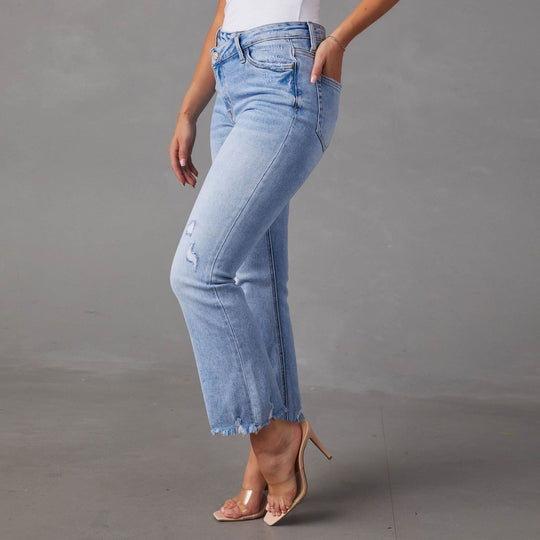 Damen Lässige Jeans mit fransigem Saum und modischen Destrukturelementen R&B