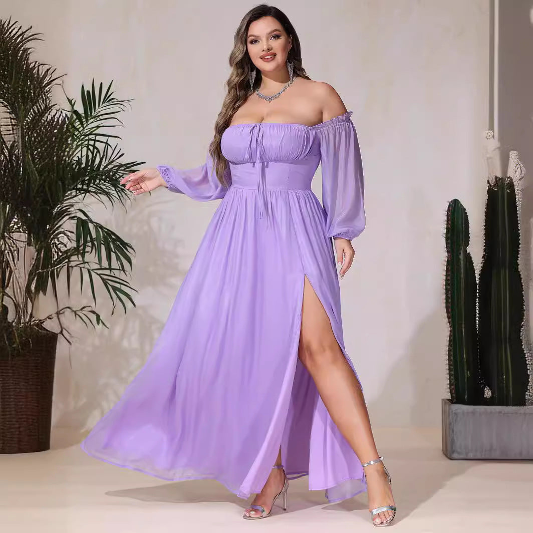 Damen Off-Shoulder Maxikleid mit hohem Schlitz und Rüschendetails R&B