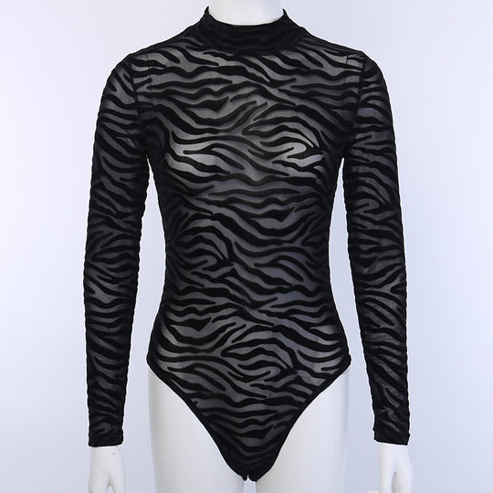 Damen eleganter und transparenter Langarm-Bodysuit mit Zebra-Design R&B