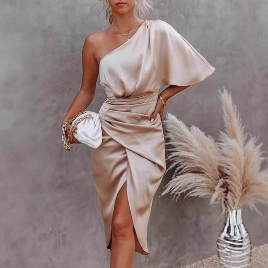 Damen Wickelkleid mit schulterfreiem Design und elegantem Drapierungseffekt R&B