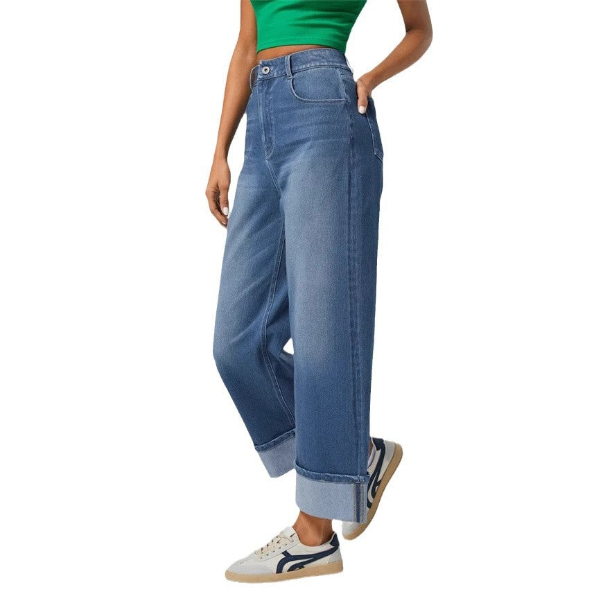 Damen Weit geschnittene Jeans mit hohem Bund und umgeschlagenem Saum R&B