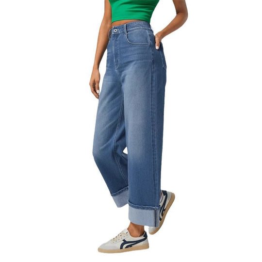 Damen Weit geschnittene Jeans mit hohem Bund und umgeschlagenem Saum R&B