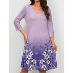 Damen V-Ausschnitt Sommerkleid mit floralem Aquarell-Design und ¾-Ärmeln R&B