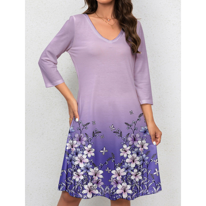 Damen V-Ausschnitt Sommerkleid mit floralem Aquarell-Design und ¾-Ärmeln R&B