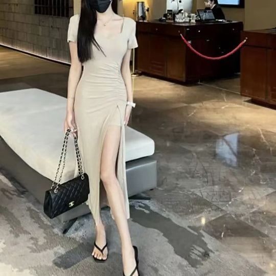 Damen figurbetontes langes Kleid mit schickem Raffungseffekt und hohem Schlitz R&B