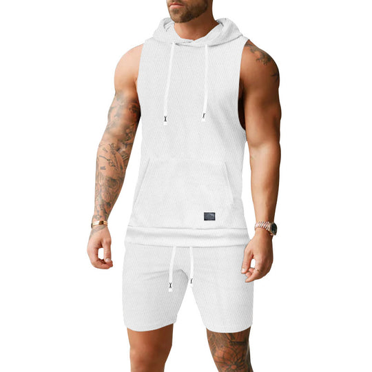 Herren nan ärmelloses Kapuzenweste-Set aus strukturiertem Baumwollmix mit Kängurutasche und Tunnelzug-Shorts R&B