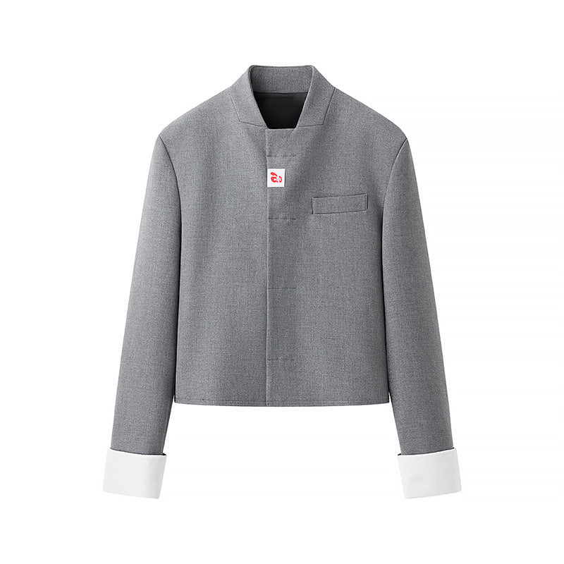 Damen modische Kurzjacke mit asymmetrischem Design und elegantem Stehkragen R&B