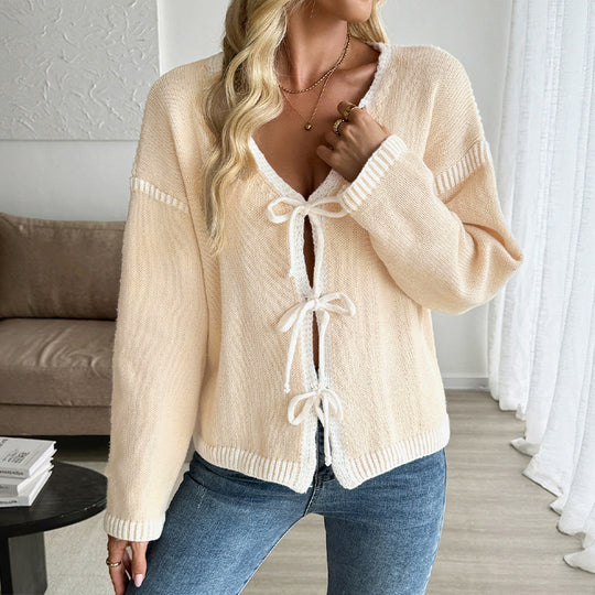 Damen lässiger Strickcardigan mit dekorativen Bindebändern R&B