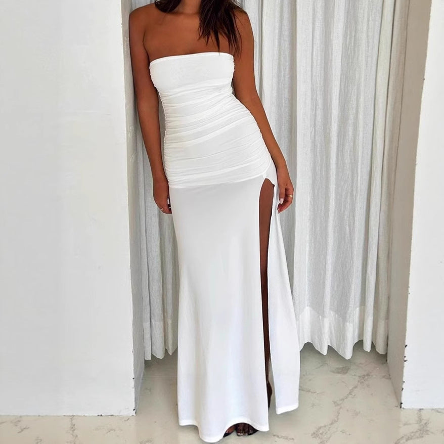 Damen Elegantes Trägerloses Maxikleid mit hohem Schlitz und Raffungen R&B