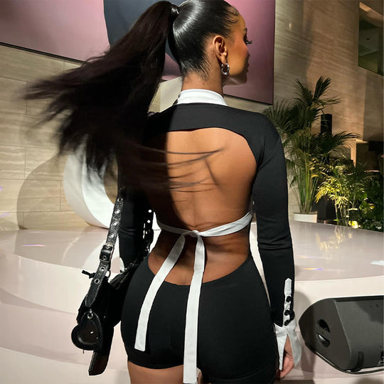 Damen Eleganter Jumpsuit mit tiefem Ausschnitt und kontrastierenden Ärmeln R&B