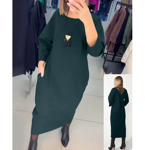 Damen nan gerades Maxikleid mit knöchellanger Silhouette, halblangen Ärmeln, Seitentaschen und transparentem V-Rücken R&B