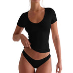 Damen figurbetontes V-Neck T-Shirt mit kurzen Ärmeln R&B