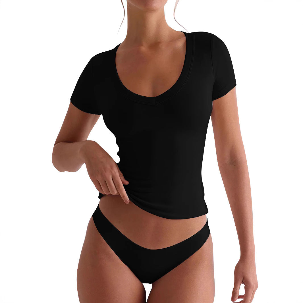 Damen figurbetontes V-Neck T-Shirt mit kurzen Ärmeln R&B