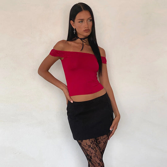 Damen Off-Shoulder Top mit Spitzenakzenten R&B
